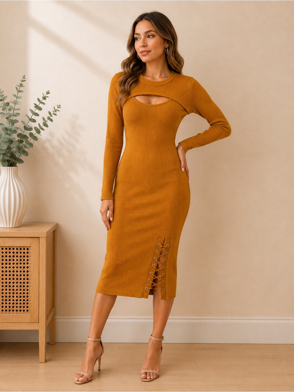 GBG Los Angeles Mustard Ribbed Cutout Bodycon Sweater Dress NWT Size Small